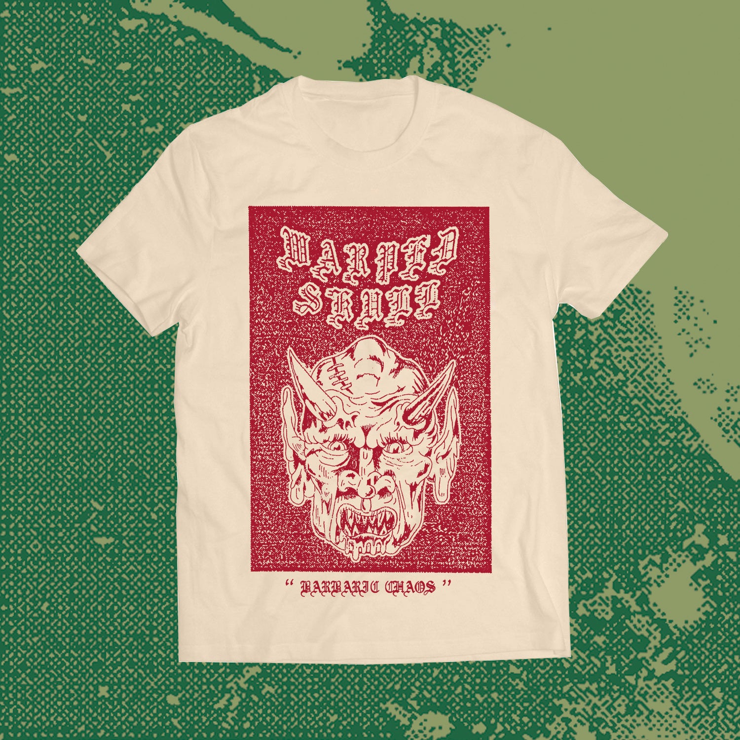 warped skull text and logo in red ink on a natural cotton Tshirt