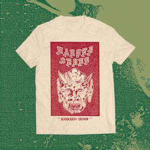 warped skull text and logo in red ink on a natural cotton Tshirt