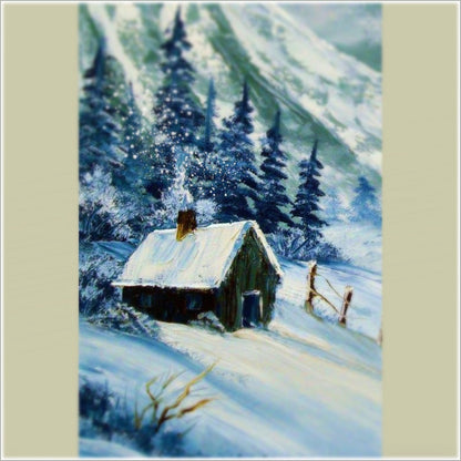 White and blue painting of house on a snow covered hill.