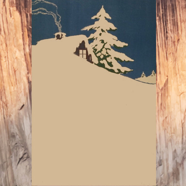 White and blue painting of house on a snow covered hill.