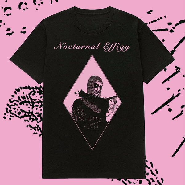 Nocturnal Effigy written in pink script. Underneath a pink diamond with figure wearing chainmail.