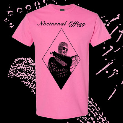 pink t-shirt with black print. Nocturnal Effigy written in script and figure wearing chainmail in center diamond shape.