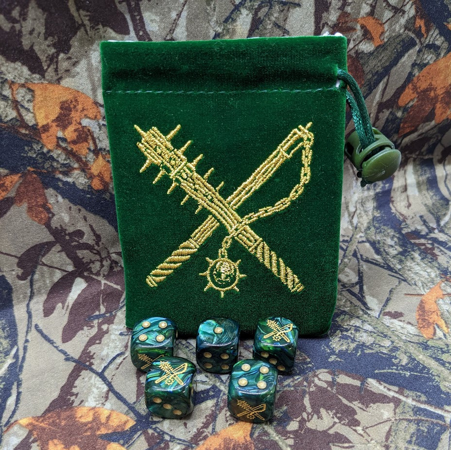 [SOLD OUT] OUT OF SEASON 5x Dice Set with Embrodered Bag [Emerald/Gold, lim.100]